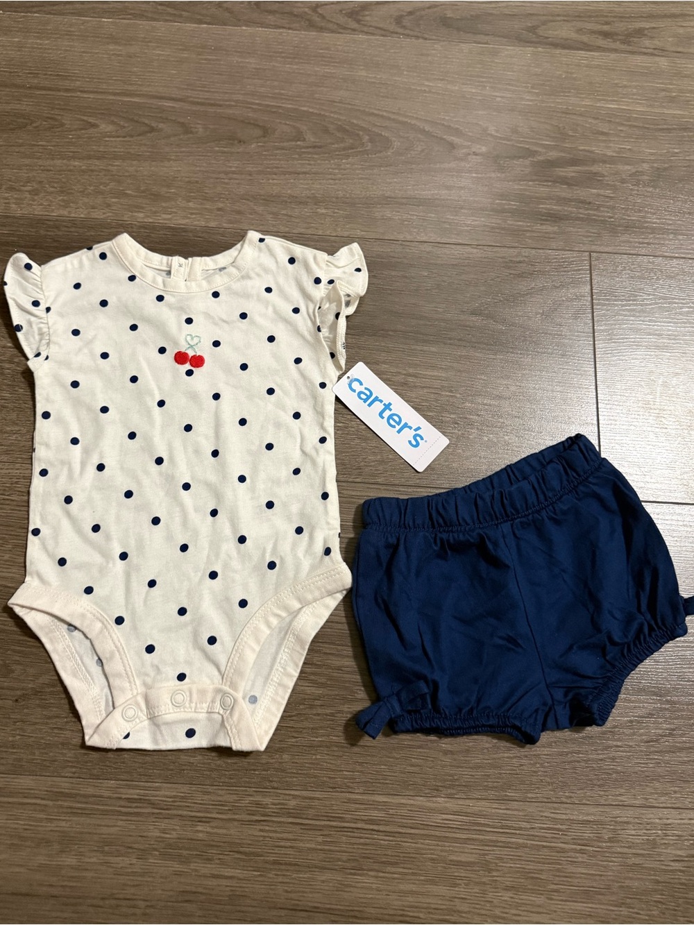 Carter's Cream Polka Dot Cherry Bodysuit with Navy Shorts